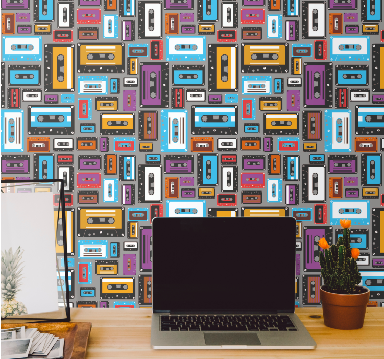 80s cassette tape pattern vintage wallpaper - TenStickers
