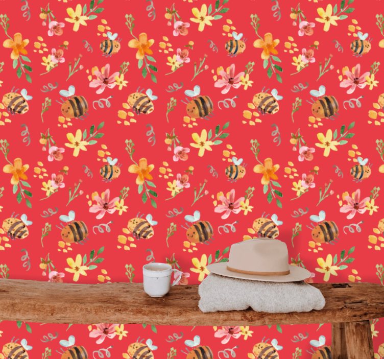 Retro bees and flowers Flowery Wallpaper - TenStickers
