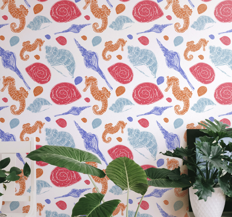 Seahorse seashell pattern ocean wallpaper - TenStickers