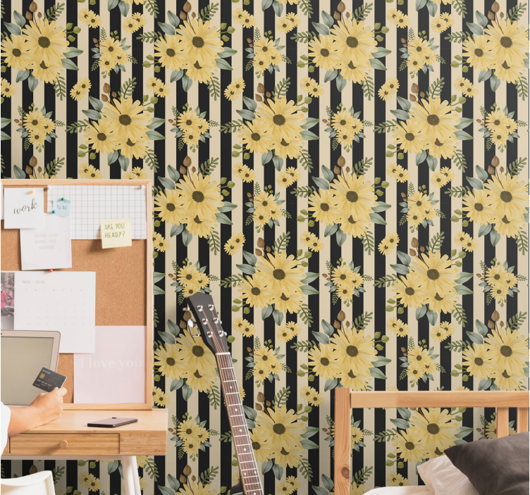 Striped Sunflower Pattern floral ornament wallpaper - TenStickers