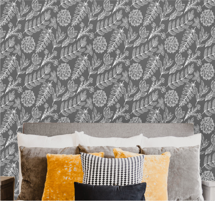 Stylish grey motif floral ornament wallpaper - TenStickers