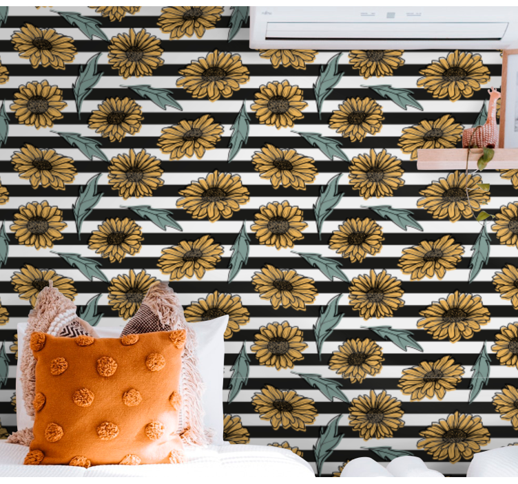 Sunflower Stripes floral ornament wallpaper - TenStickers