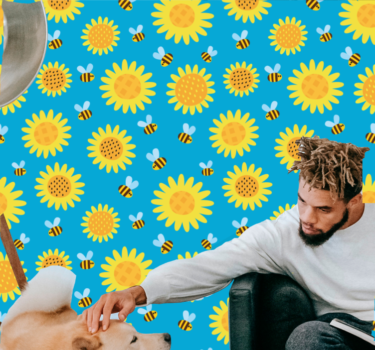 Sunflowers and bees on blue Flowery Wallpaper - TenStickers