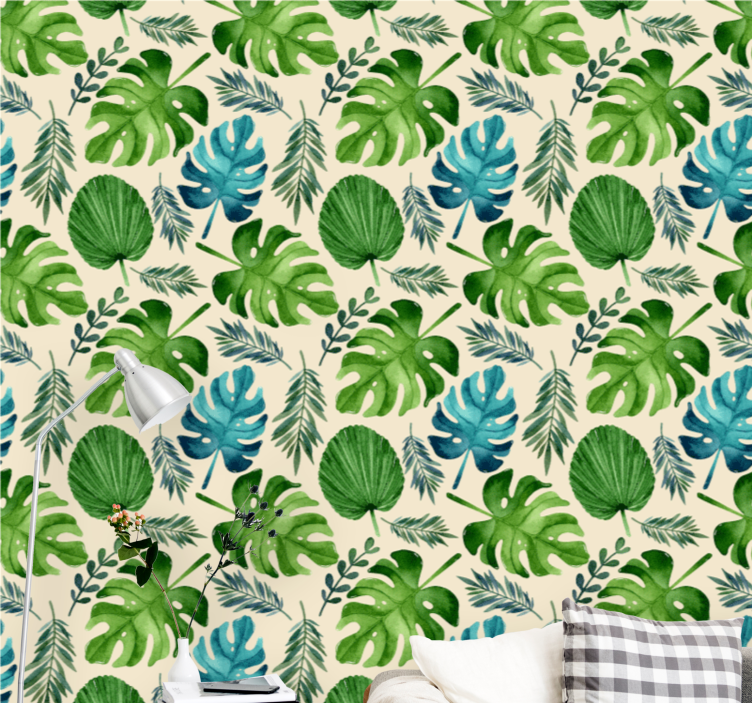 Tropical green leafs pattern leaf wallpaper - TenStickers