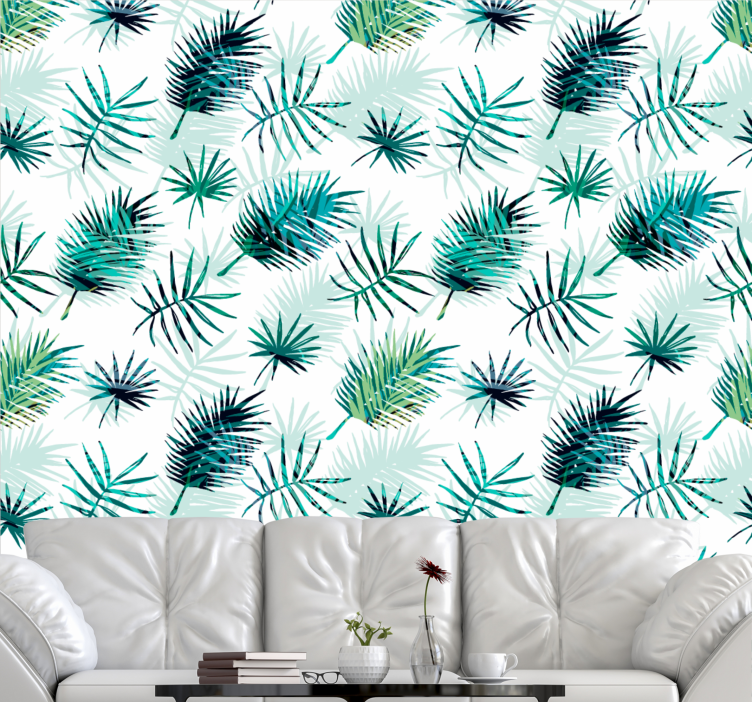 Green tropical leaf display living room wallpaper - TenStickers
