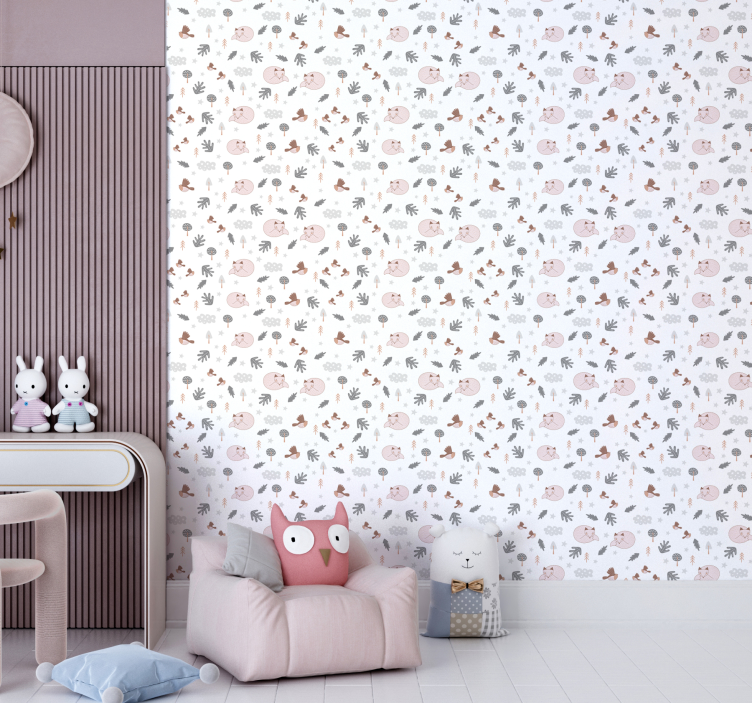 white forest theme fox birds children wallpaper - TenStickers