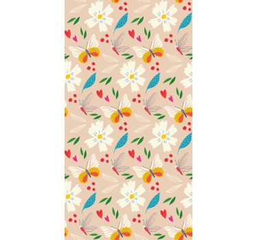 Kids wallpaper flowers and butterflies beige background - TenStickers