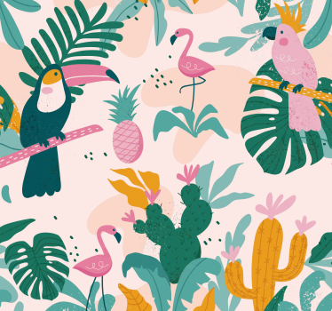 Green birds and leaves on pink background Wallpaper for bedroom - TenStickers
