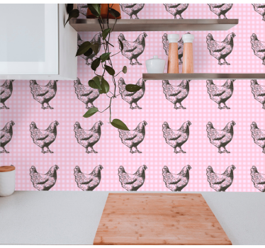 Pink and white squares with roosters kitchen wallpaper - TenStickers