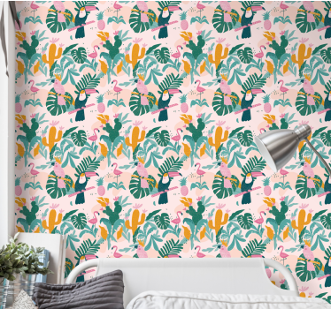 Green birds and leaves on pink background Wallpaper for bedroom - TenStickers