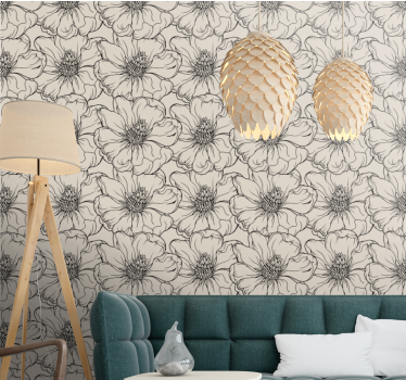 Black and beige magnolia flower pattern Lounge wallpaper - TenStickers