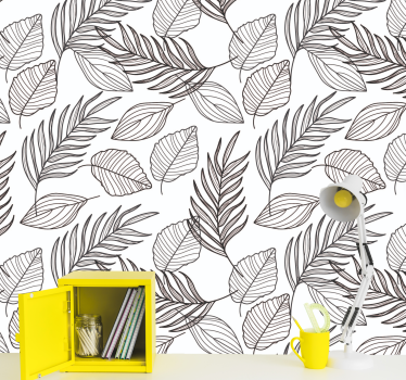 Black and white thin lined leaves wallpaper - TenStickers