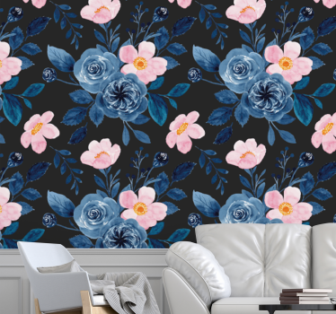 Blue and pink pattern on black background  Bedroom Wallpaper - TenStickers