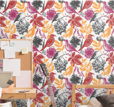 Colorful Flowers and Leaves birds wallpaper - TenStickers