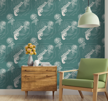 Cowboy Revolver and Rose Flower Wallpaper - TenStickers