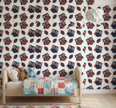 Kids wallpaper blue and red owls pattern - TenStickers