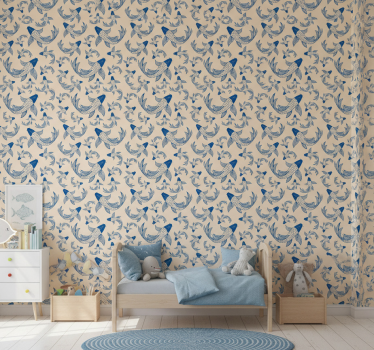 Kids wallpaper blue swimming fish on beige background - TenStickers