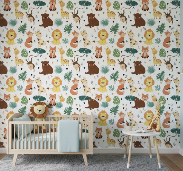 Kids wallpaper cute wild animals with leaves - TenStickers