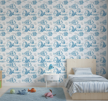 Kids wallpaper blue fish on white background - TenStickers