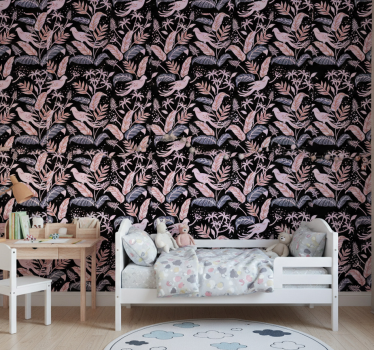 Kids wallpaper featuring black and pink birds on leaves - TenStickers