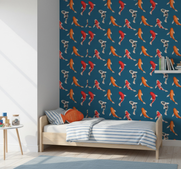 Kids wallpaper koi fish pattern on blue background - TenStickers