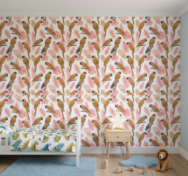 Kids wallpaper orange parrots with pink flowers - TenStickers