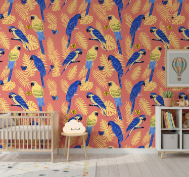 Kids wallpaper parrots and butterflies on leaves - TenStickers