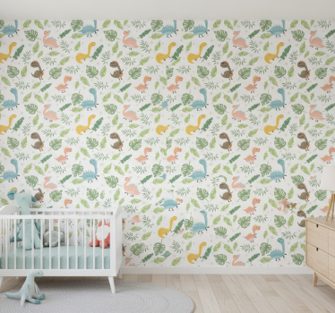 Kids wallpaper pastel forest with dinosaurs pattern - TenStickers