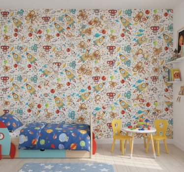 Kids wallpaper rocket robots adventure - TenStickers
