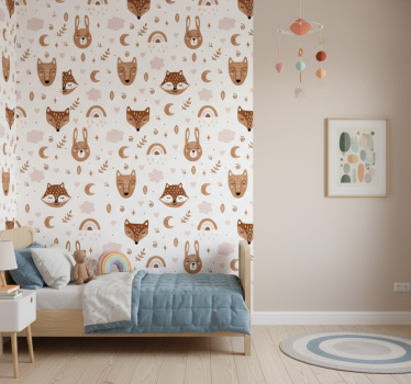Kids wallpaper with adorable brown animals and rainbows - TenStickers