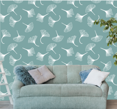 Light blue ginkgo leaves pattern Lounge Wallpaper - TenStickers