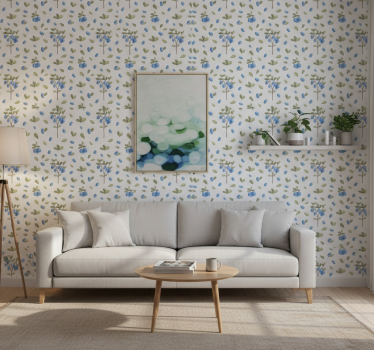 Living room wallpaper botanical blue design - TenStickers