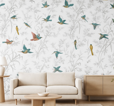 Living room wallpaper textile paradise bird and leaf - TenStickers