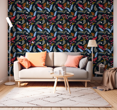 Living room wallpaper ornate bird design - TenStickers