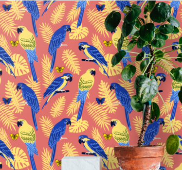 Parrots and butterflies on tropical leaves lounge wallpaper - TenStickers