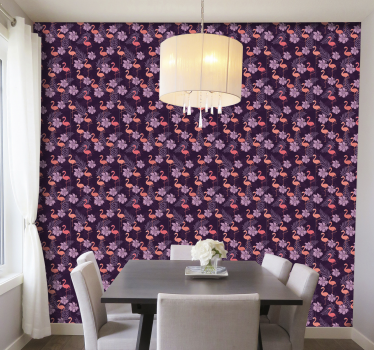 Pink flamingos with palm tree Bedroom Wallpaper - TenStickers