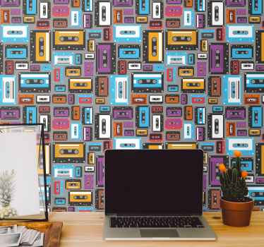 Retro 80s cassette tape pattern Retro Wallpaper - TenStickers