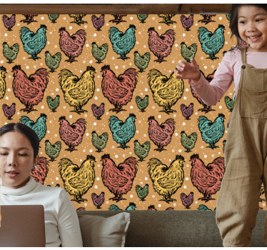Roosters colorful chicken pattern lounge wallpaper - TenStickers