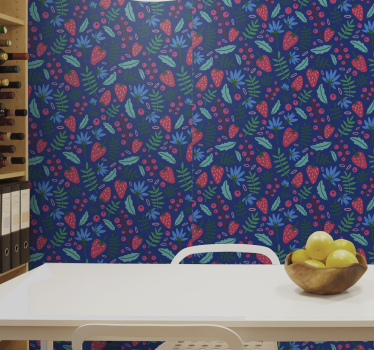 Strawberry pattern on blue background Kitchen Vinyl Wallpaper - TenStickers