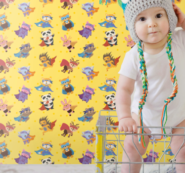 Superhero pets pattern over yellow kids Wallpaper - TenStickers