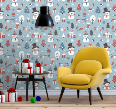 White snowmen and presents pattern Xmas wallpaper - TenStickers